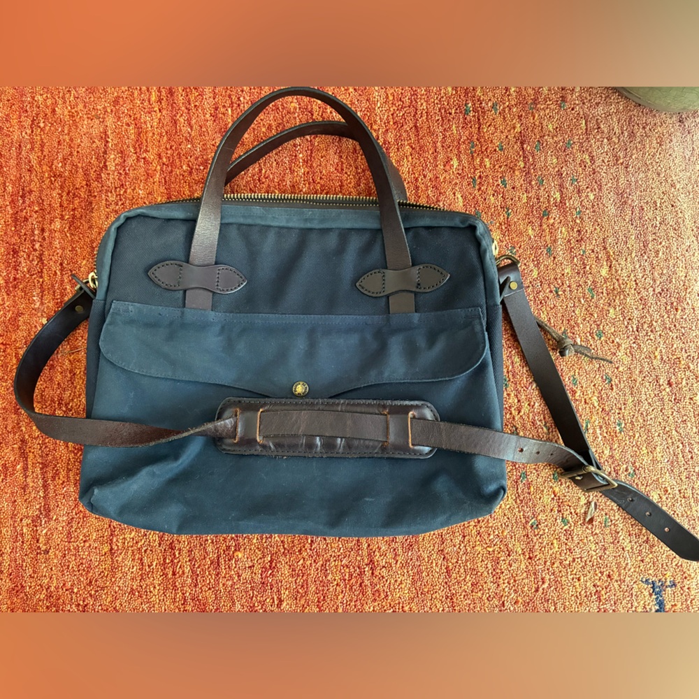 FILSON Tablet Men's Navy Canvas Briefcase with Brown Leather Trim
